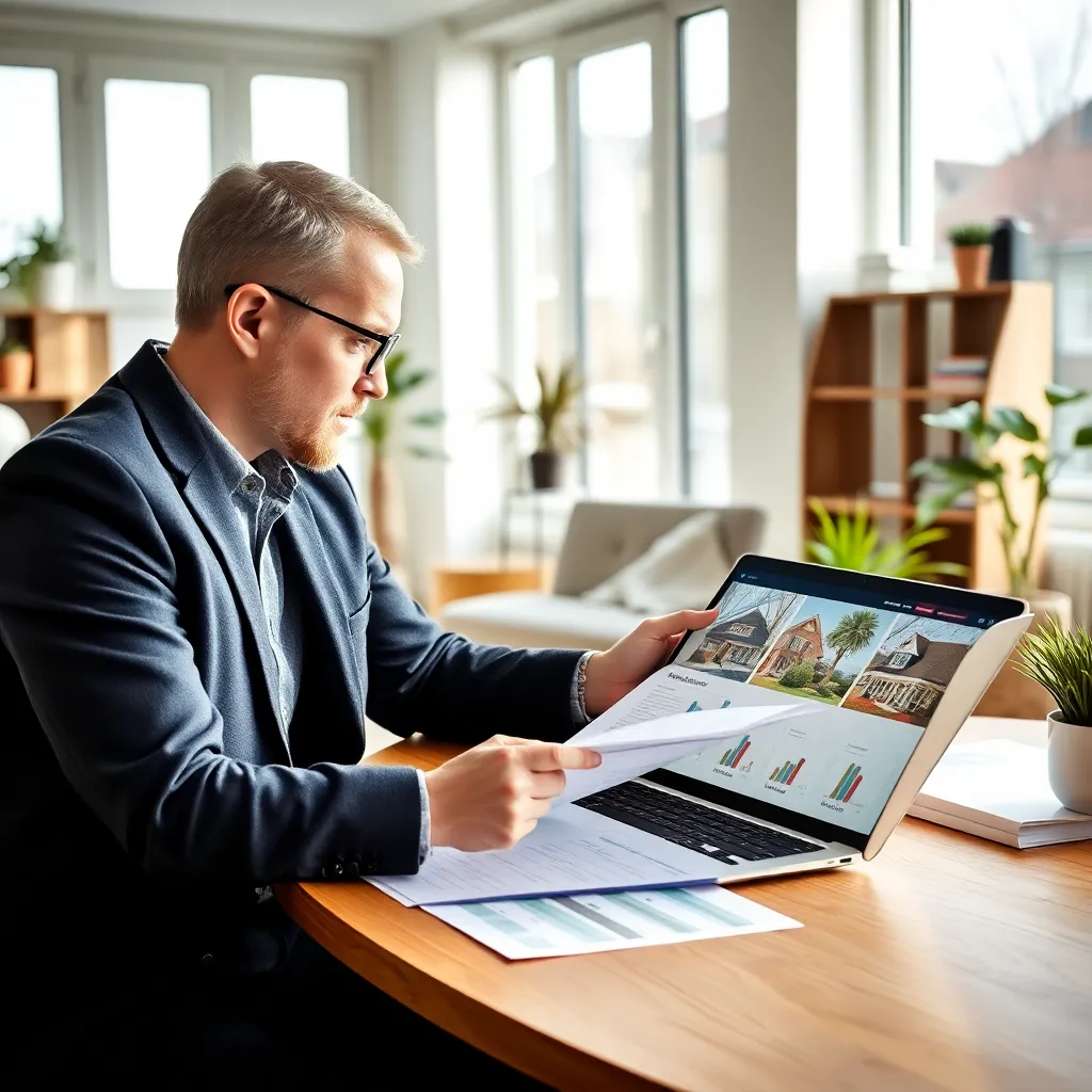 Persoon die vastgoed en investeringsdocumenten bekijkt