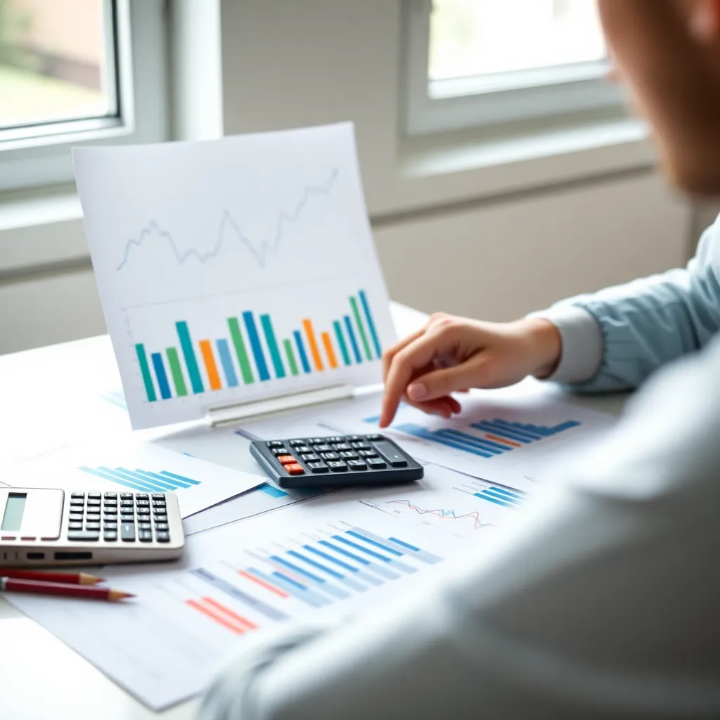 Persoon die financiële grafieken en documenten bestudeert