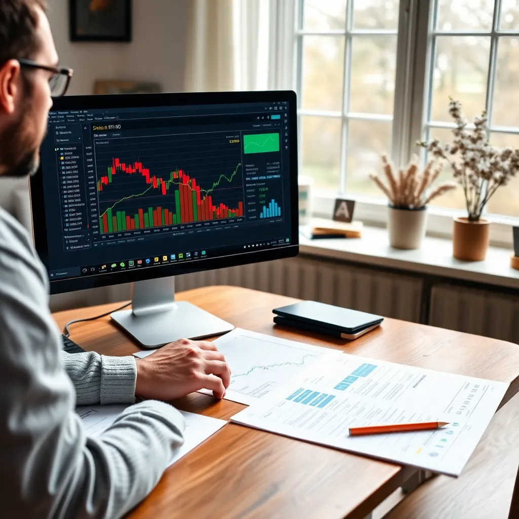 Persoon die op laptop ETF-koersen bekijkt met grafiek op scherm